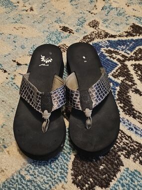 Yellow Box Women's Black Sandal with Metallic Croc-Print Straps